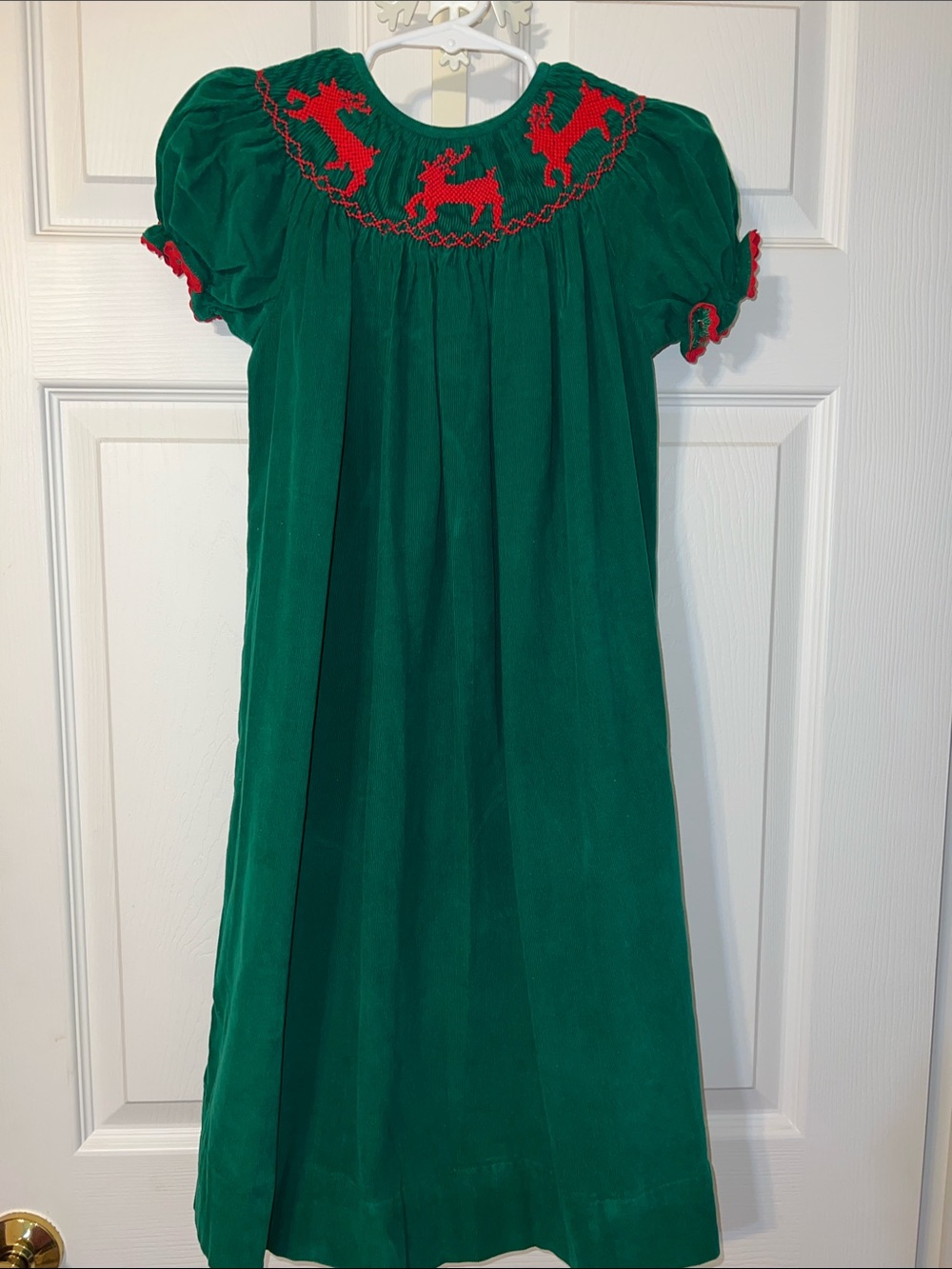 Girls' Green Corduroy Holiday Dress with Red Reindeer Smocking